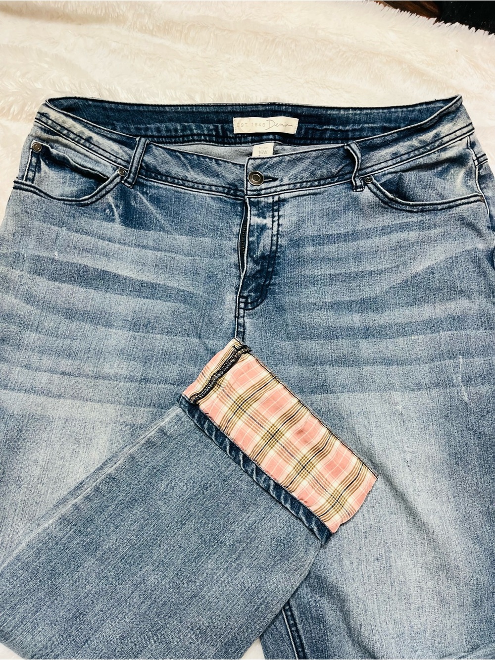 Est. 1946 Denim Plaid Cuffed Straight Leg Jeans Medium Wash Women's Size 16W